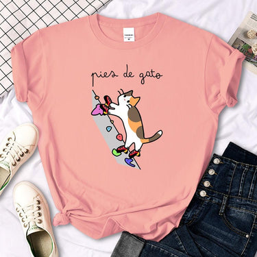 Rock Climbing Cat Graphic Tee Shirts & Tops KittyNook Cat Company Pink S